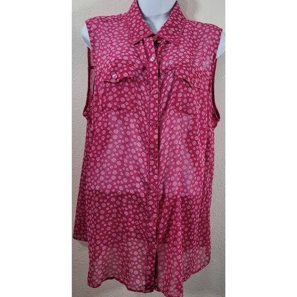 Dressbarn Pink Polka Dots Sleeveless Button Up Top 2X Plus Lightweight Sheer - Picture 1 of 6
